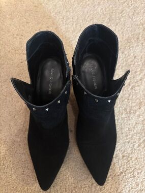 Marc Fisher Black Suede Pointed Ankle Booties with Stud Trim